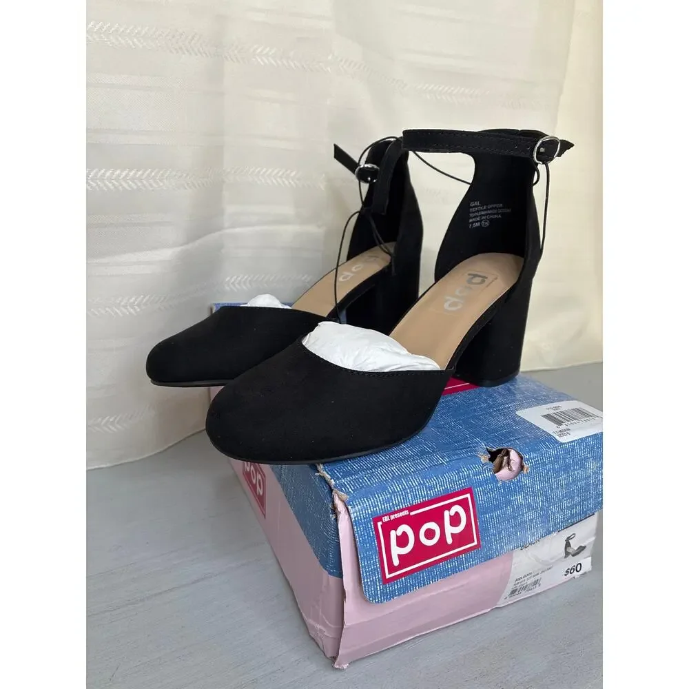 POP Gal Block Heel Pumps Black Womens Size 7.5M Ankle Strap